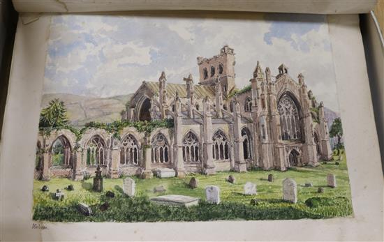 A Victorian album of architectural and other watercolours and a small sketchbook, 4.5 x 9.5in and 10.5 x 14in (approx 70)